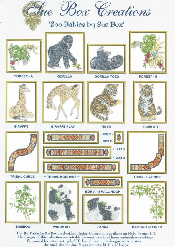 Sue Box Embroidery Machine Design CD   Zoo Babies  