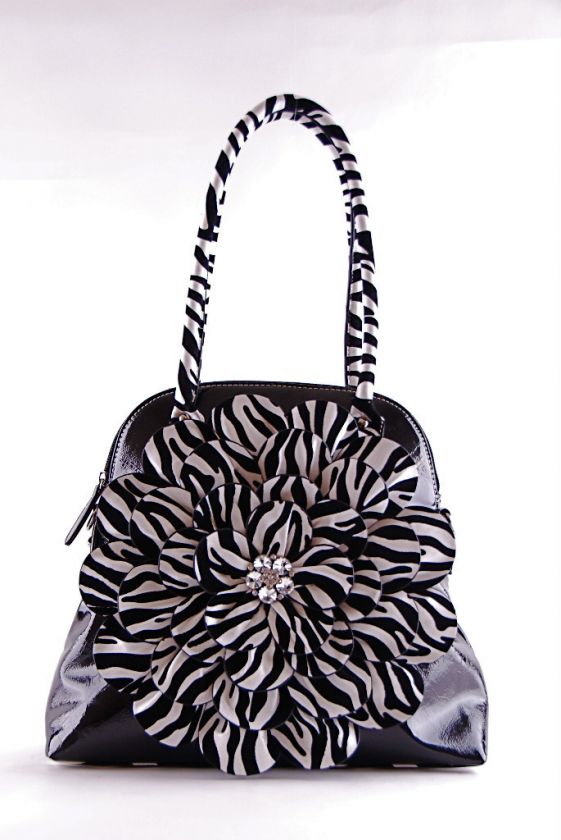 NEW Rhinestone Zip Around Zebra Flower Print PurseBLK  