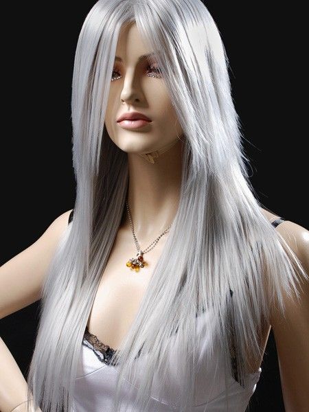 C009 Damen Silber Gerade Anime Cosplay Lange Perücke 66cm  