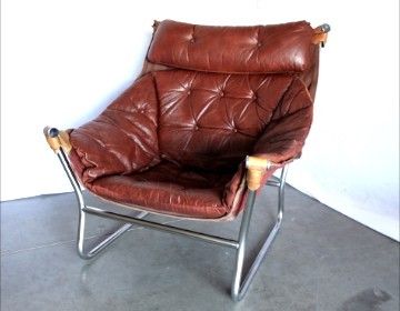 SIGURD RESELL Mid Century TUFTED LEATHER Chrome safari LOUNGE CHAIR 