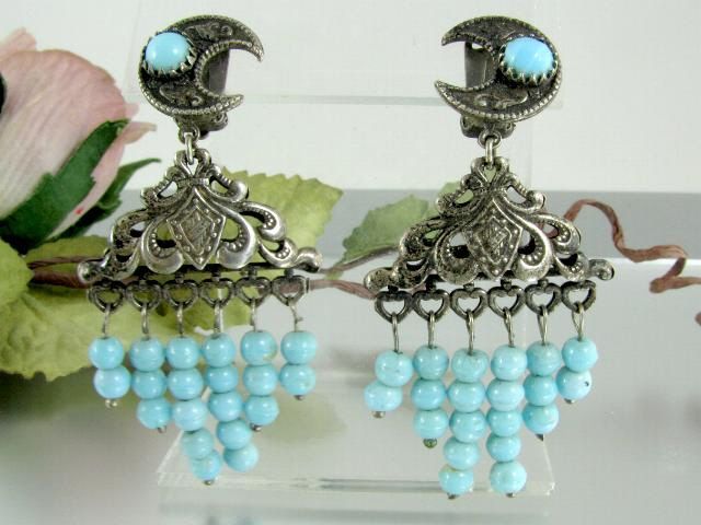 TURQUOISE BEAD SILVER MOON EARRINGS FILIGREE VINTAGE  