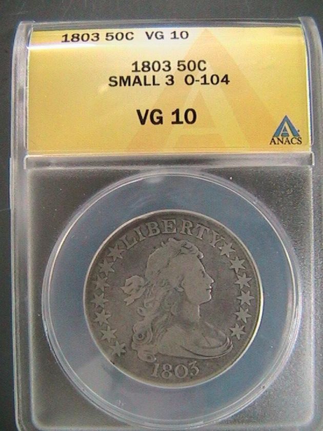 1803 DRAPED BUST HALF DOLLAR, SMALL 3 VG 10 ANACS CERT  