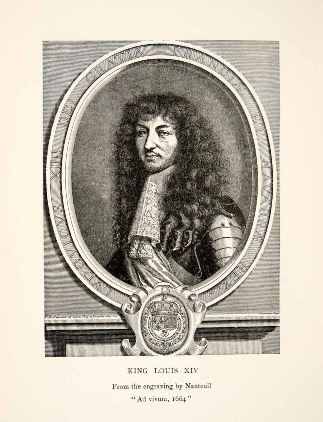 1892 Wood Engraving King Louis XIV Portrait Bourban France Armor 