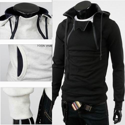 Korea Men Slim Two Zippers Hoody Jacket Fleece Outwear  