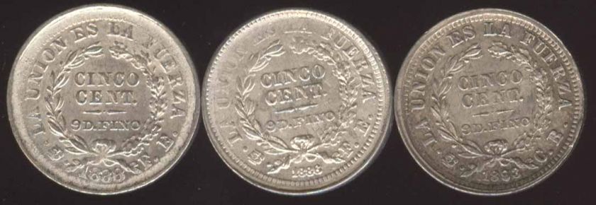 BOLIVIA SET 3COINS5 CENTS 1886/8/93 HIGH GRADE COIN ★★  