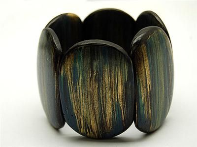 MULTI BLUE OVAL WOOD CHIPS STRETCH BRACELET  