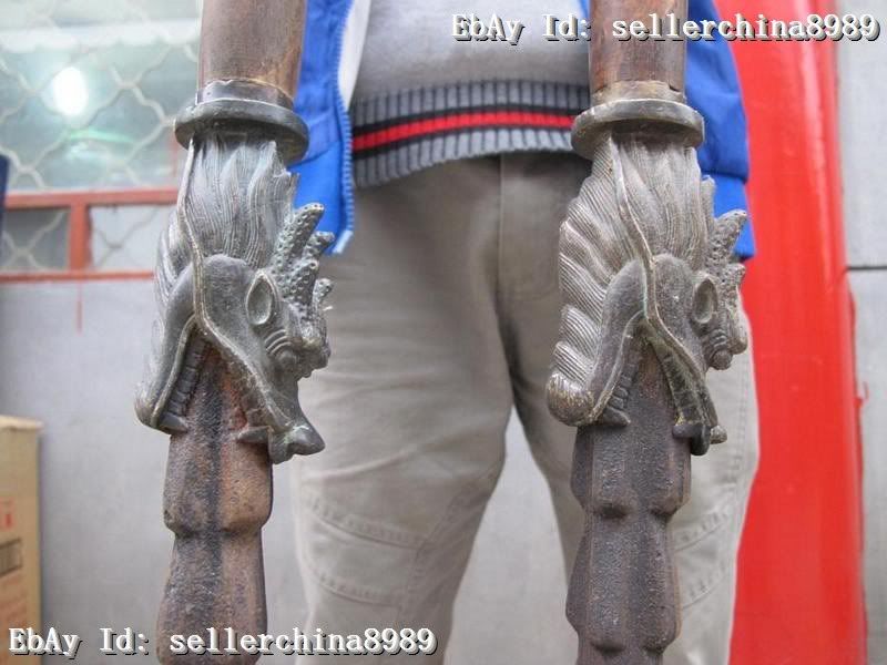 Chinese Tibet old Copper Bronze Dragon mace weapon statue Pair  