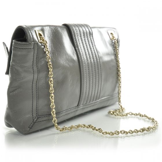 FENDI Leather Chain Baguette Shoulder Bag Purse Gray FF  