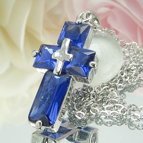 4x12~6mm Royal Blue Sapphire 18K White Gold Plated Cross Style Pendant 