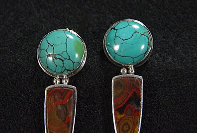 Turquiose & Jasper Earrings. Sterling Silver.  