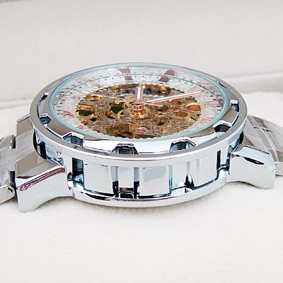 Golden Face Steel Band Mens Automatic Wrist Watch Mechanical Skeleton 