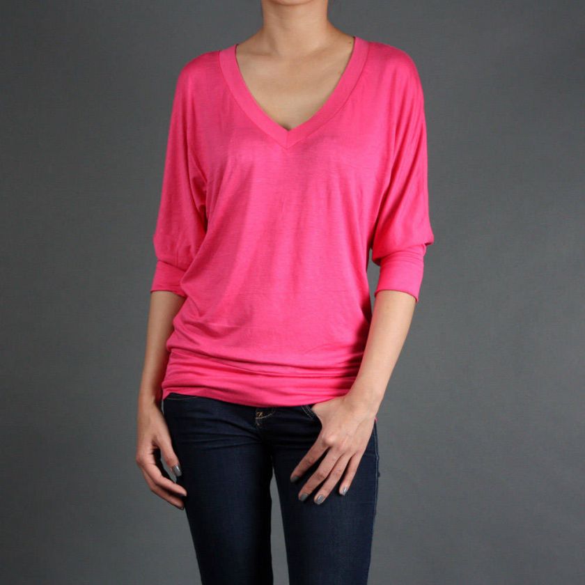 Casual Jersey 3/4 DOLMAN SLEEVE Off Shoulder Chic V Neck Stretch Top 