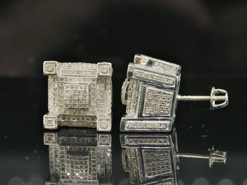 MENS WHITE GOLD FINISH 3D BLOCK DIAMOND EARRINGS STUDS  