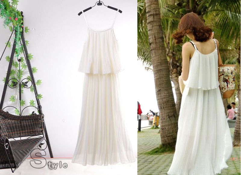 Korea Womens Boho Sexy Ruffle Pleated Chiffon Elegant Maxi Long Dress 