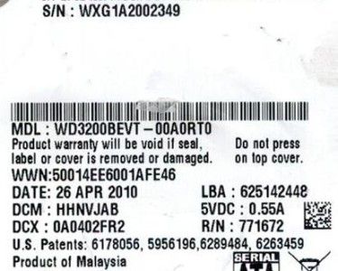 WESTERN DIGITAL 320GB WD3200BEVT 00A0RT0 DCM HHNVJAB  