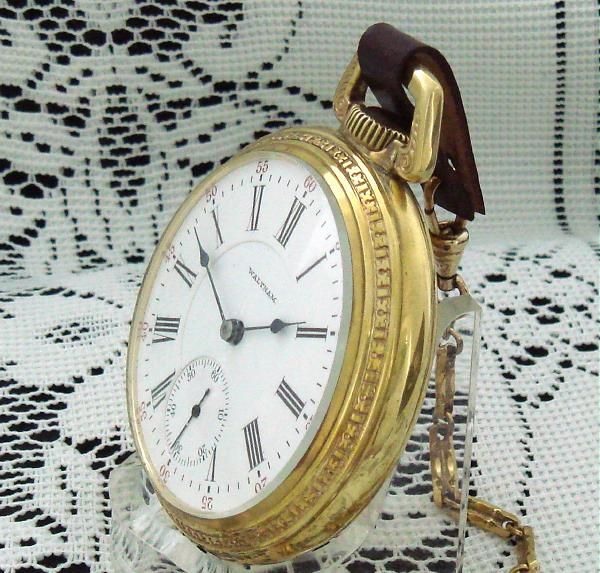 Mens 18s, 21 Jewel Waltham Vanguard Pocket Watch w/ Train Engraving 