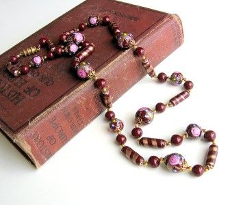 Vintage Venetian Glass Necklace Burgundy Wine Red Lampwork Beads Pink 