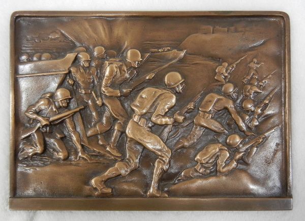 US ARMY WW2 INVASION BRONZE BAS RELIF SCULPTURE PLAQUE  