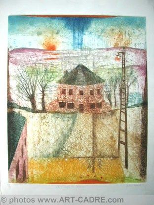 Rene CARCAN s/n Etching Aquatint A langle du chemin  