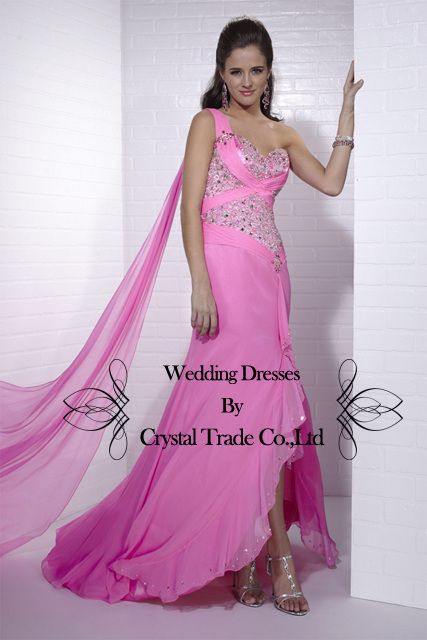 New Style Pink One Shoulder Prom Evening Dress Wedding Bridesmaid 