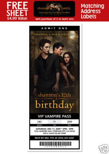 TWILIGHT NEW MOON MOVIE Birthday TICKET INVITATIONS  