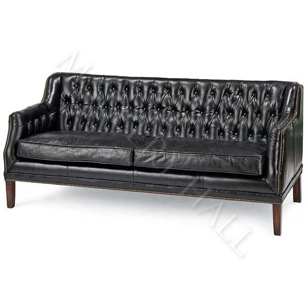 Distressed Black Leather Button Back Sofa Tufted  