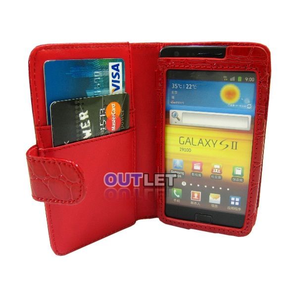 Red Crocodile Wallet Leather Case 2 card slots For Samsung Galaxy S2 