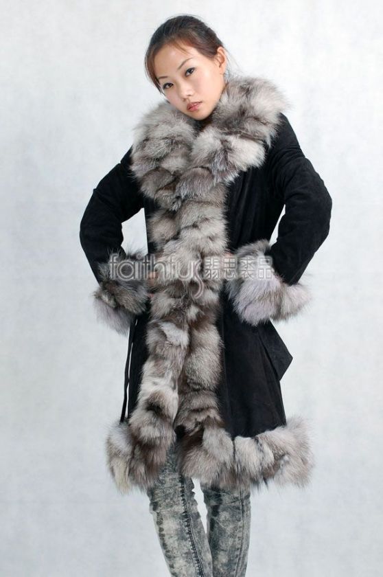 Pig Suede Leather Long Coat with Silver Fox Fur Trimmed  