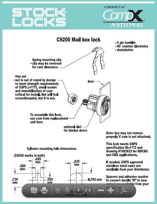 National C9200 Mailbox Lock NIP Universal Locksmith New  