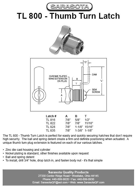 TL 800, thumb turn latch, marine lock, latch  