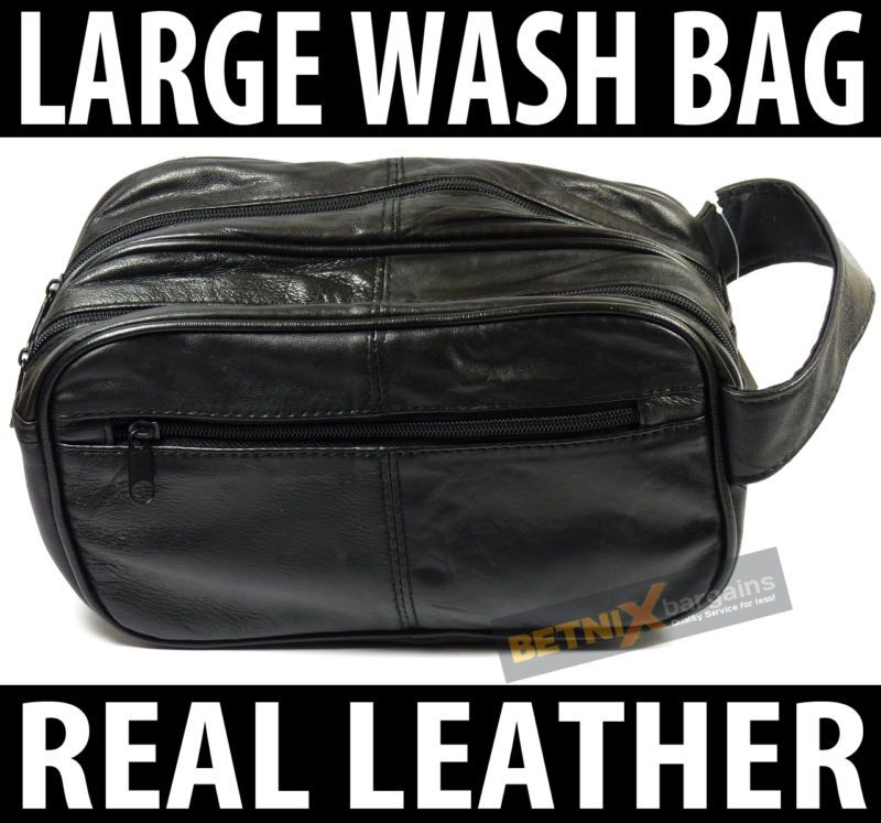 Mens Large Soft Black Leather Toiletry Travel Wash Bag  