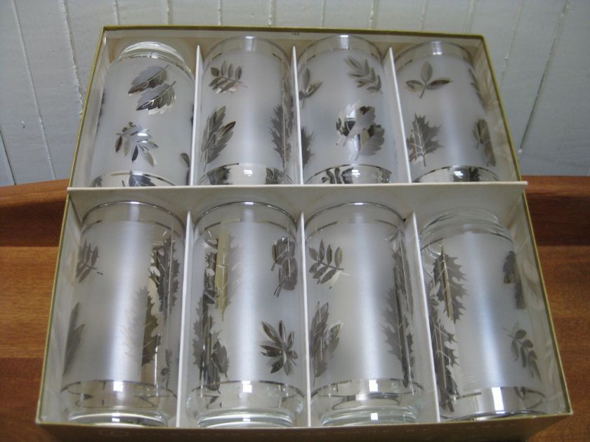 LIBBEY SILVER FOLIAGE HIGHBALL GLASSES.HOSTESS SET OF 8  