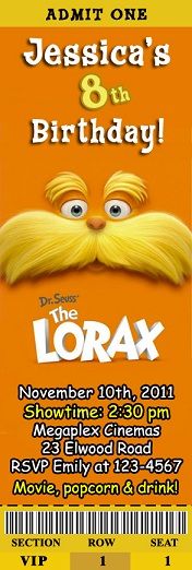 Dr Seuss The Lorax Movie Birthday Party Ticket Invitations Cat In the 