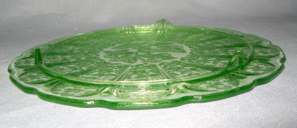 Green Cherry Blossom Cake Plate 3 Legs Depression Glass  