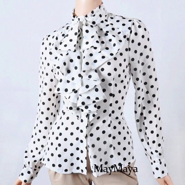 Chiffon Ruffle Front High neck polka dot Print Top Shirt Blouse S M L 