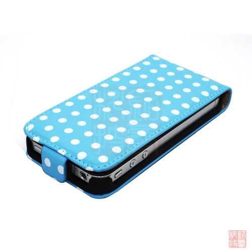 Blue POLKA DOT LEATHER FLIP CASE COVER POUCH FOR iPhone 4S 4 4G  