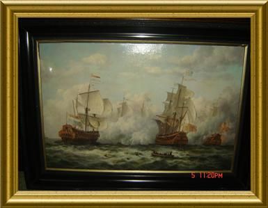 ANTIQUE SIGNED *PONTIER* LARGE GALLEONS PIRATE SHIPS BATTLE IN THE 