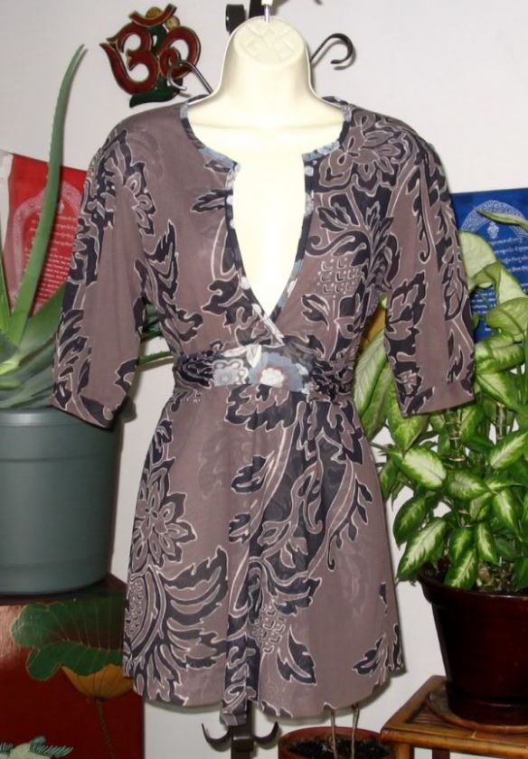 SWEET PEA Brown & Black Floral Print Stretch Mesh Empire Waist Top L 