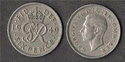 BRITISH WEDDING SIXPENCE KING GEORGE VI 1949 UK ENGLAND  