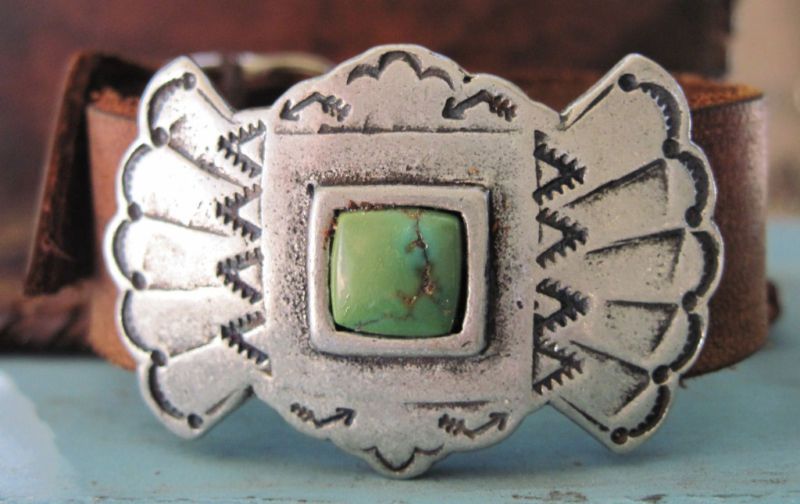 SUNDANCE LEATHER & GREEN TURQUOISE CUFF BRACELET NEW  