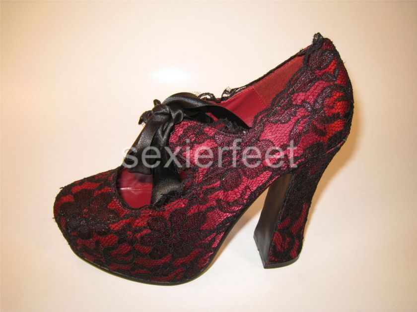 Heel Basic Lace P/F Pump W/Lace Overlay. Color Burgundy Satin Black 