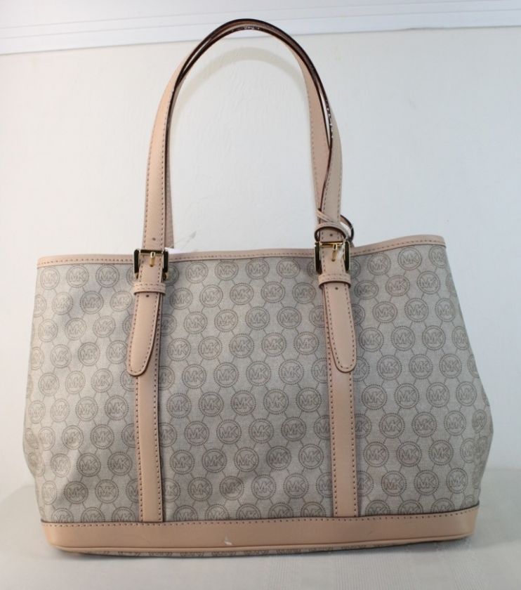 NEW MICHAEL KORS AMAGANSETT MONOGRAM ZIP TOP TOTE BEIGE BUFF NWT $198 