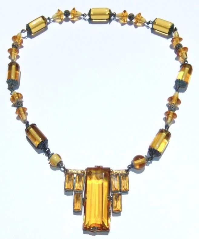 VINTAGE ANTIQUE 1920s ART DECO SIGNED CZECH AMBER GLASS NECKLACE 