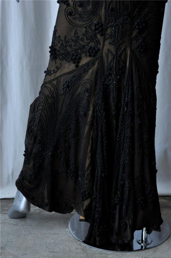 LES HABITUDES Black *SILK* Beaded Exotic Floral Pattern Formal Gown 