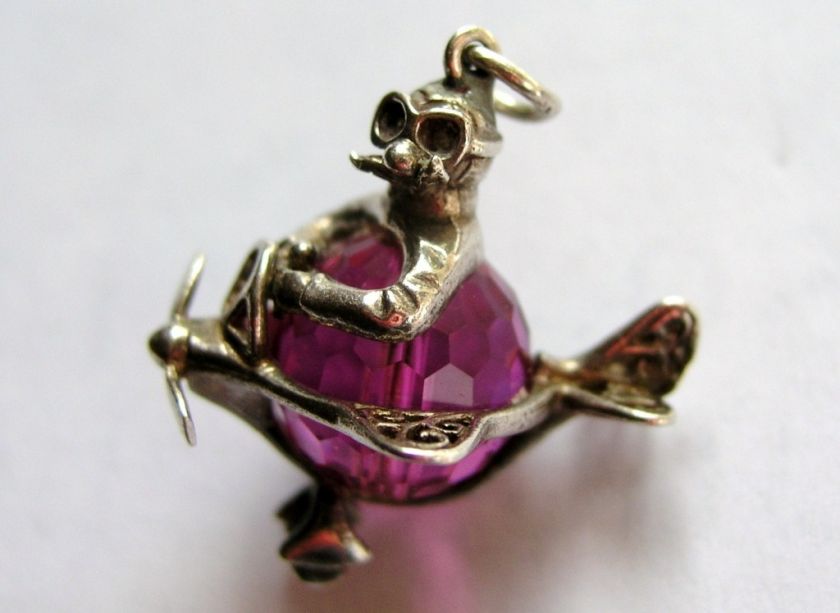 RARE UK VINTAGE SILVER FLYING PILOT GEM RED BARON CHARM  