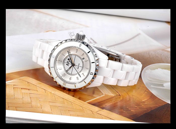 AK Homme Ladies White China Ceramic Band Scratchproof Quartz Wrist 