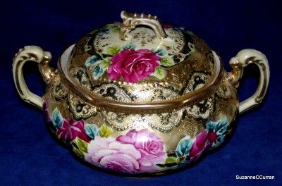 Antique Noritake Nippon Roses Cracker Jar with Heavy Gilt Maple Leaf 