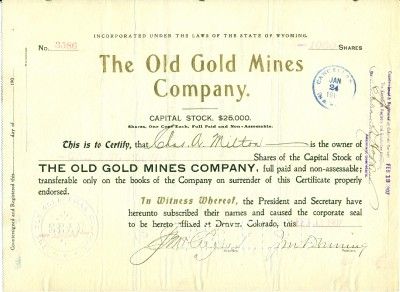 Old Gold Mines Company Colorado Stock Certificate  