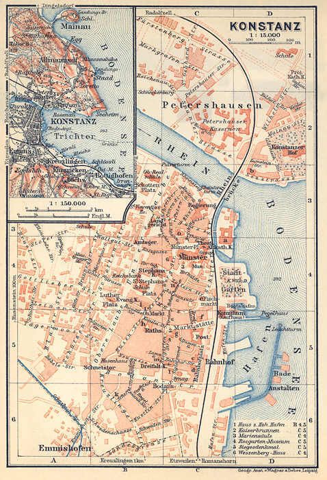 GERMANY KONSTANZ. Old city map plan. Colored. 1910  