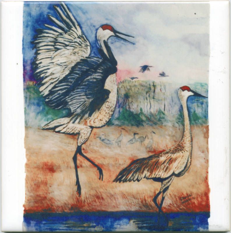 Dancing Cranes Tile by Sheryll Hickman  